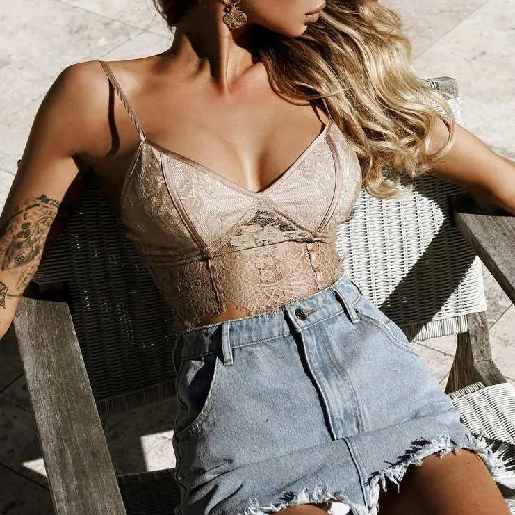 Adjustable Spaghetti Strap Embroidery Lace Bustier Cami Bra Top