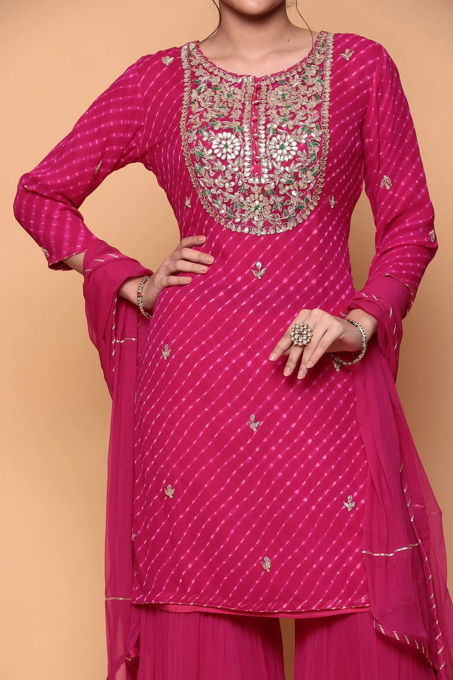 Bandhej Georgette Suit with Gota, Gota Patti work.