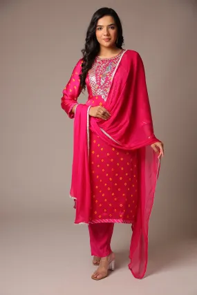 Bandhej Satin Straight Suit with Zardozi Work.