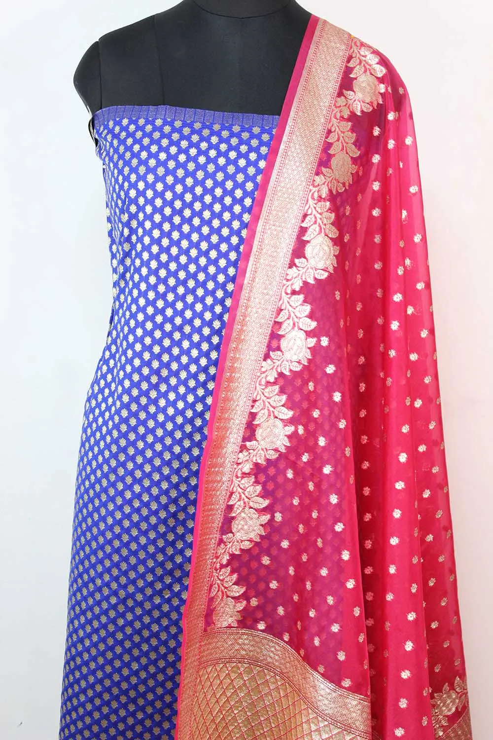 Blue Banarasi Silk Suit With Pink Banarasi Organza Dupatta