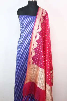 Blue Banarasi Silk Suit With Pink Banarasi Organza Dupatta