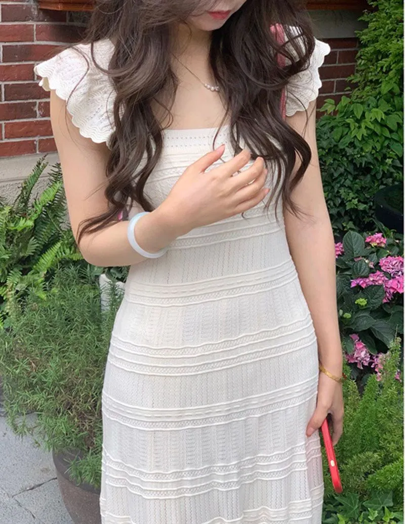 Bohemian Elegant Crochet Scallop Hem White Knitted Dress