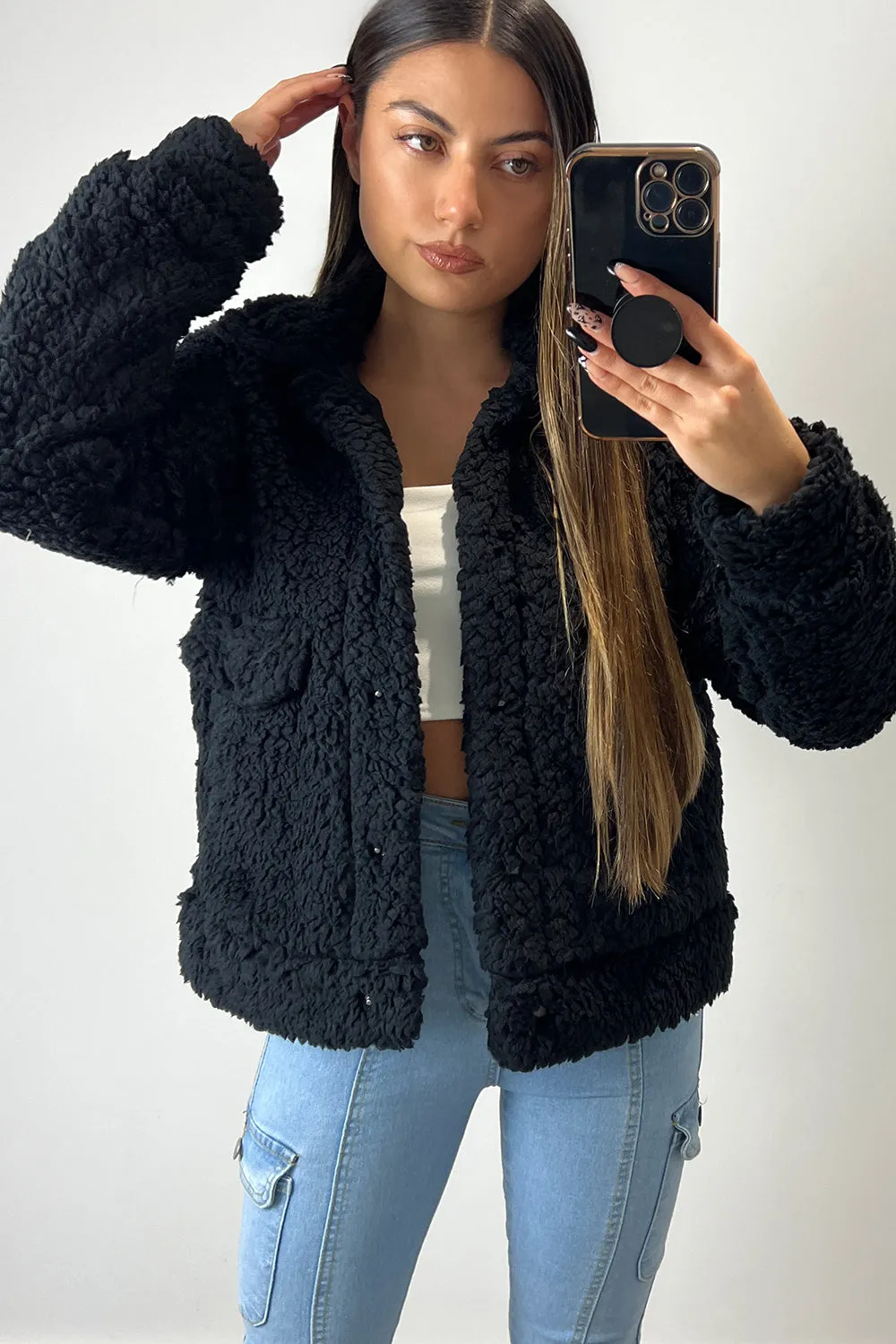 Caley Black Teddy Faux Fur Trucker Jacket