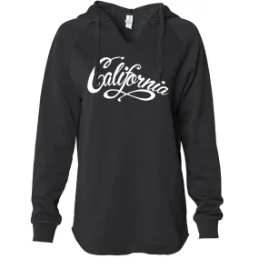 California Beach Script White Print Women's Soft Hooded Pullover