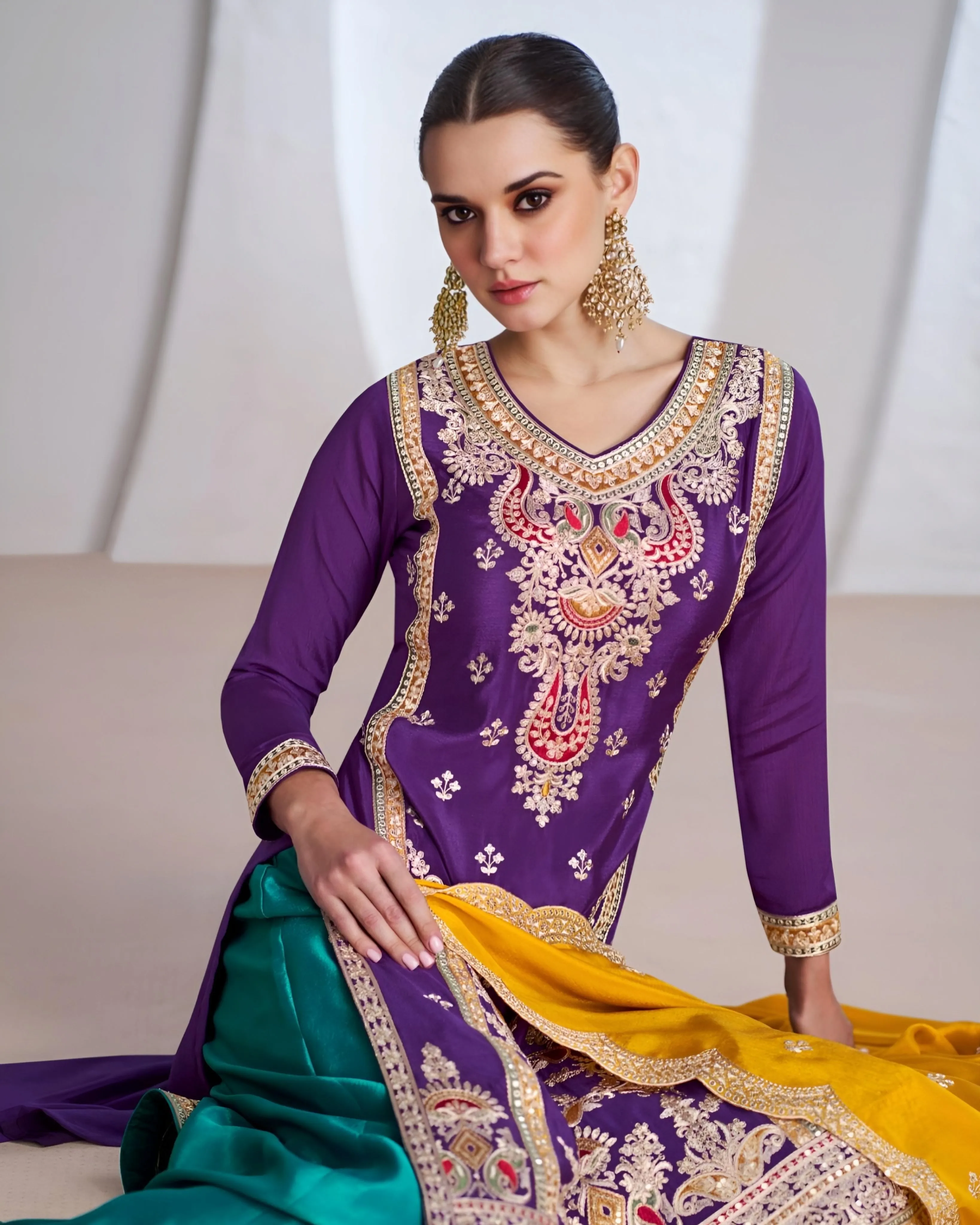 Embroidered Chinon Silk Palazzo Suits Violet