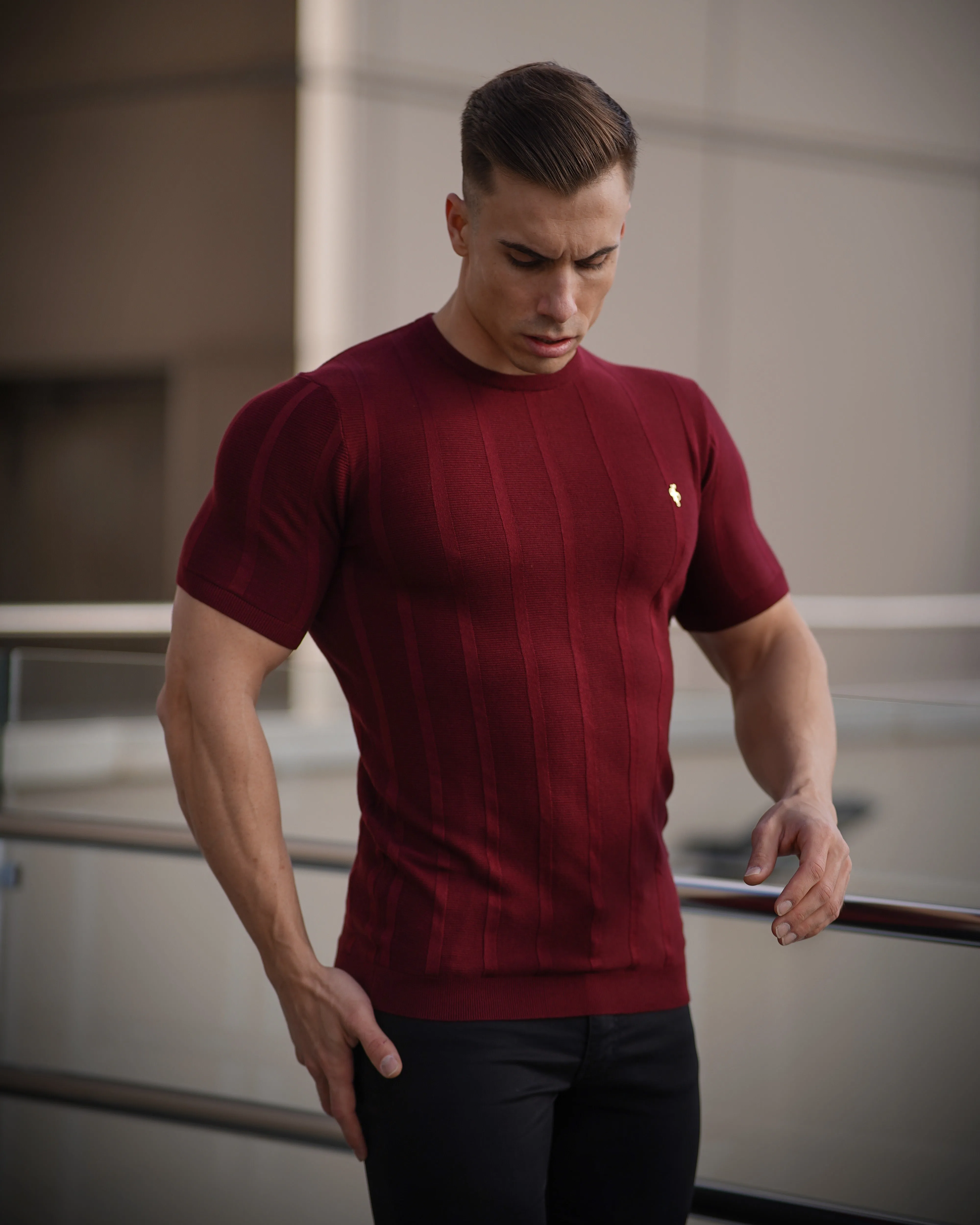 Father Sons Classic Short Sleeve Burgundy Knitted Wide Rib Crew with Gold Emblem - FSH563