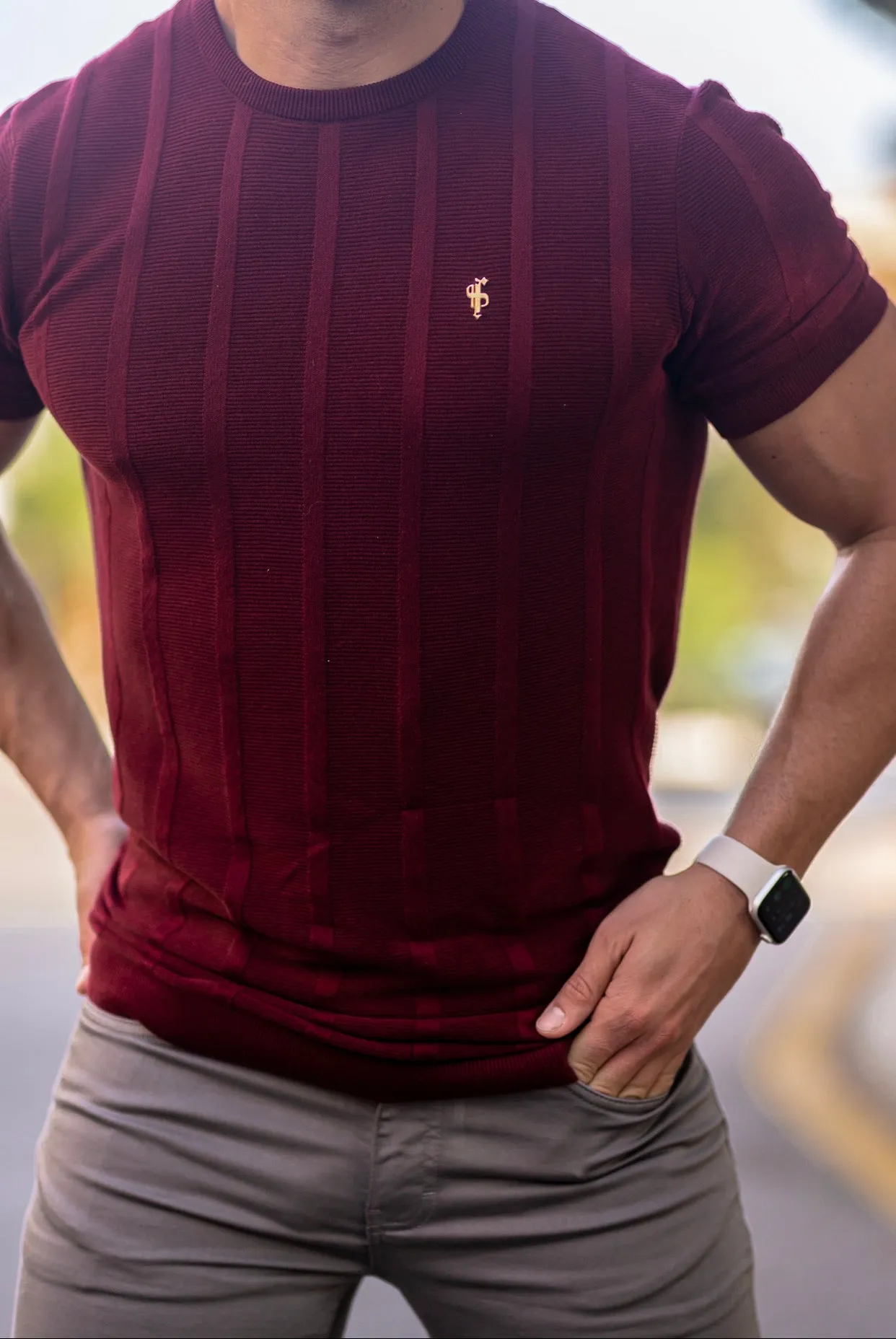 Father Sons Classic Short Sleeve Burgundy Knitted Wide Rib Crew with Gold Emblem - FSH563