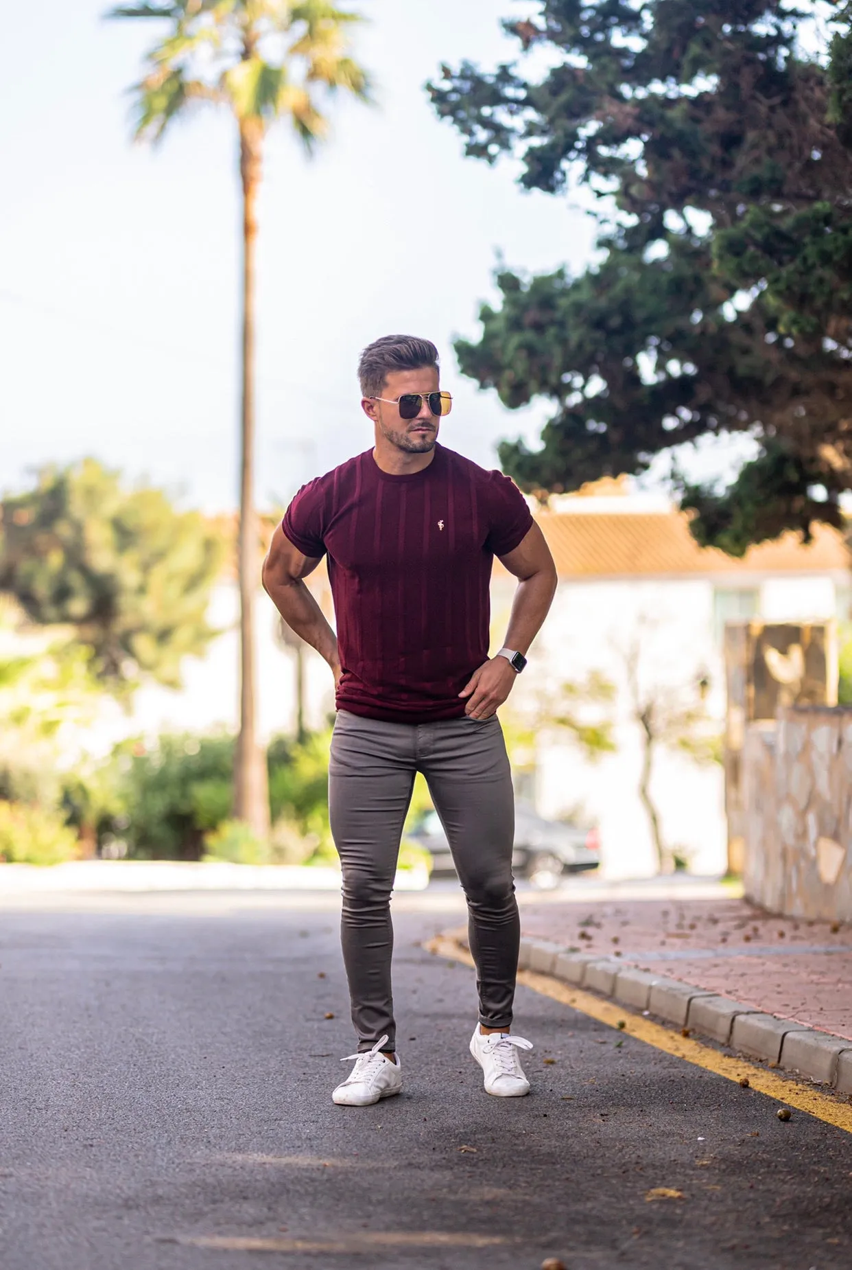 Father Sons Classic Short Sleeve Burgundy Knitted Wide Rib Crew with Gold Emblem - FSH563