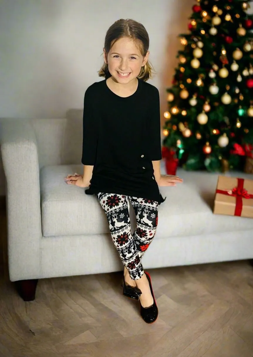 Girls Christmas Holiday Leggings, Kids Yoga Pants, Sizes S/L, No-Roll Waist, Black/Red/White