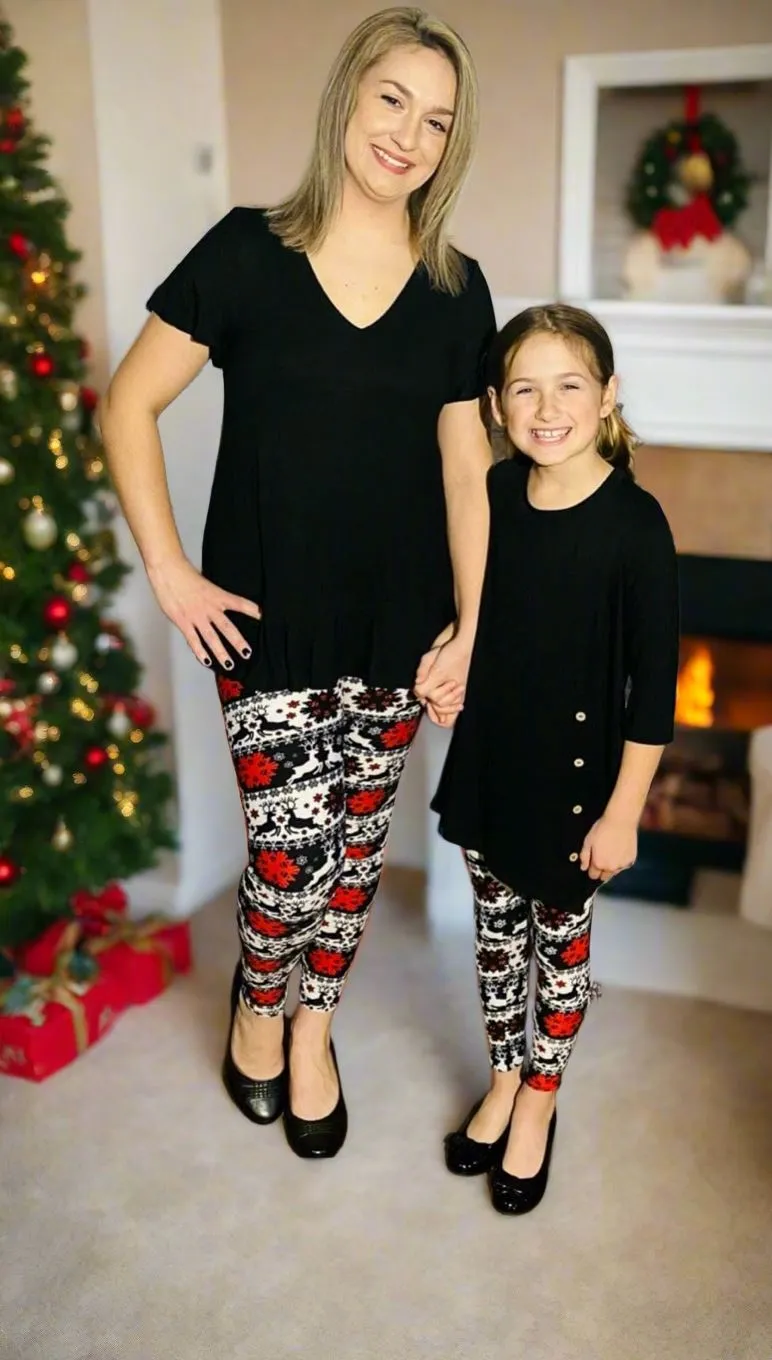 Girls Christmas Holiday Leggings, Kids Yoga Pants, Sizes S/L, No-Roll Waist, Black/Red/White