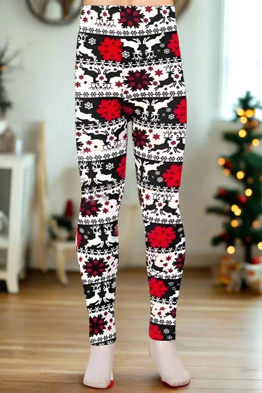 Girls Christmas Holiday Leggings, Kids Yoga Pants, Sizes S/L, No-Roll Waist, Black/Red/White