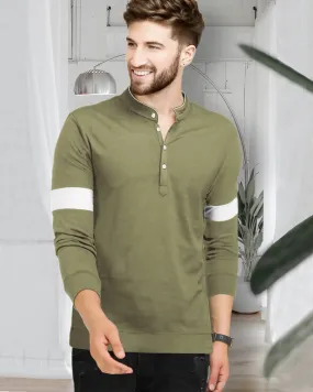 Henley Olive green Full Sleeve T-Shirt For Men