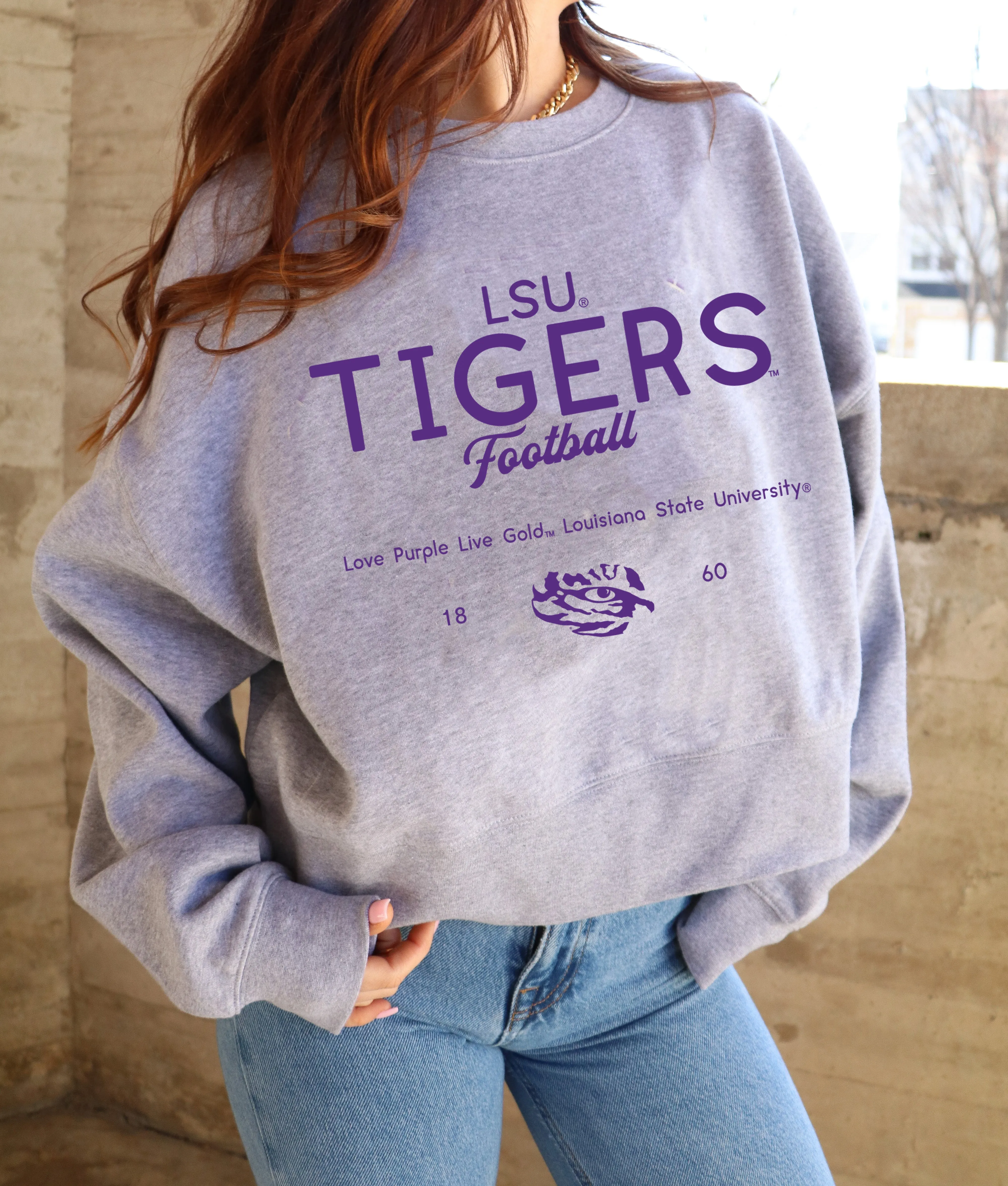 LSU Tigers Shot Off Gray Oversized Crew Sweatshirt