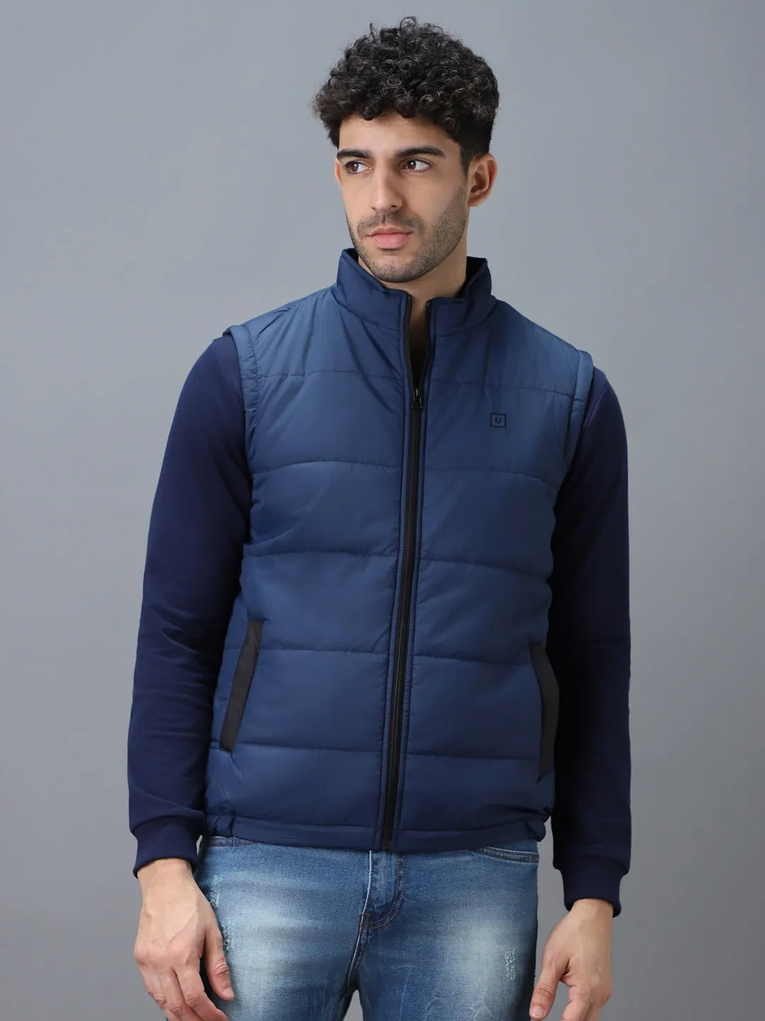 Men's Blue Sleeveless Zippered Puffer Jacket