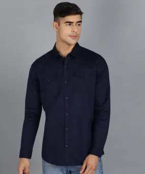 Men's Navy Blue Cotton Full Sleeve Slim Fit Casual Solid Shirt