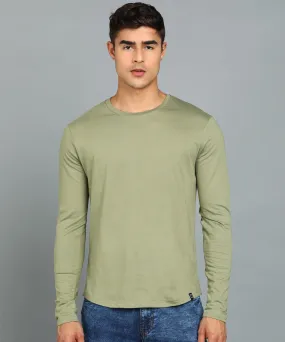 Men's Printed Olive Round Neck Full Sleeve Slim Fit Cotton T-Shirt