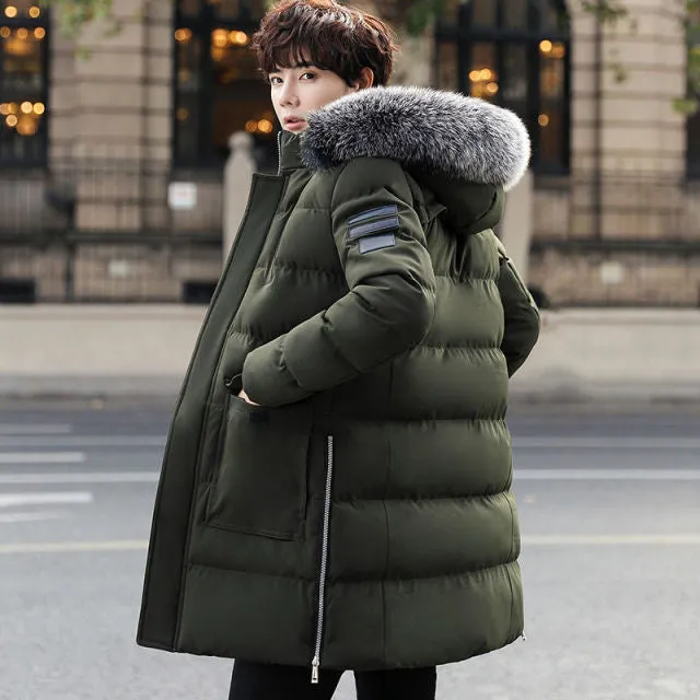 Parka men's coat winter jacket men's slim thick fur Hooded Coat warm medium long cotton padded jacket