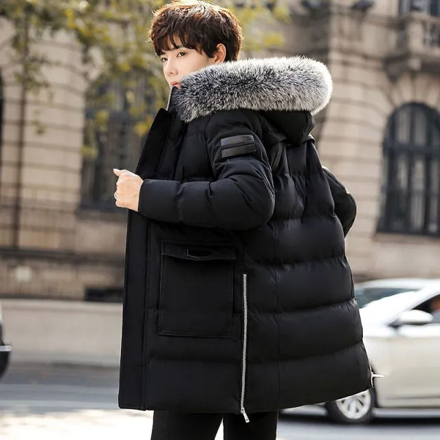 Parka men's coat winter jacket men's slim thick fur Hooded Coat warm medium long cotton padded jacket