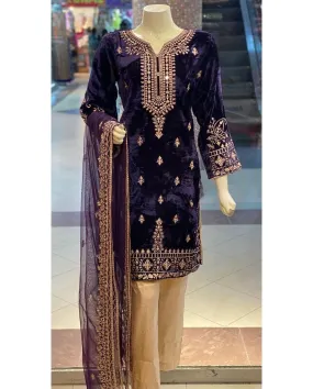 Purple Embroidered Velvet Suit